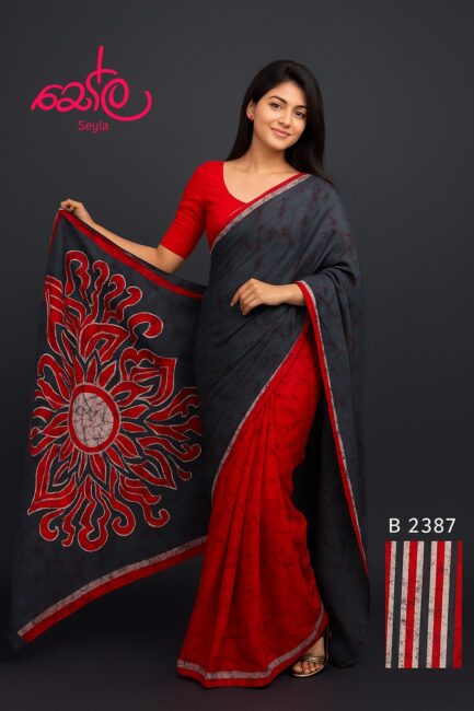 Red and Grey Colored Batik Saree B2387