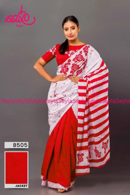 Red & White Sri Lankan Handmade Cotton Batik Saree B505