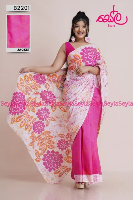 Pink and White colored Batik Saree B2201