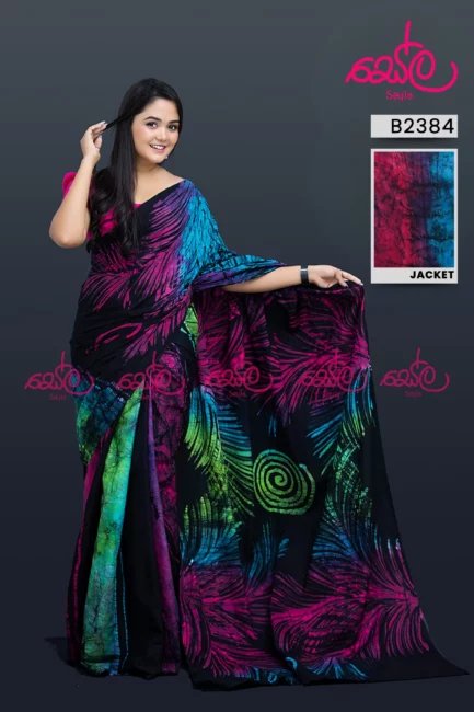 Pink and Blue batik colored Saree B2384