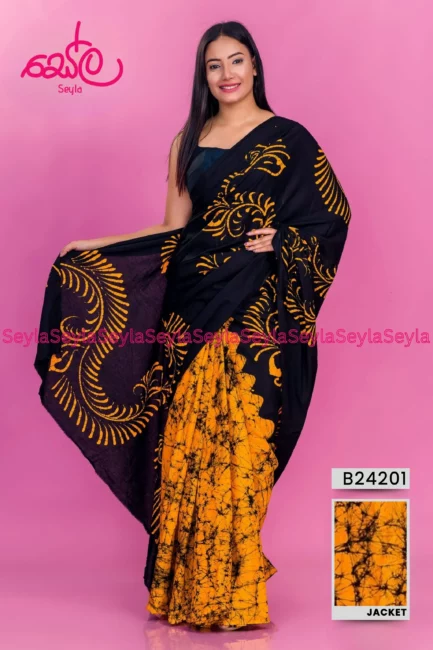 Black and Yellow colored Batik Saree B24201