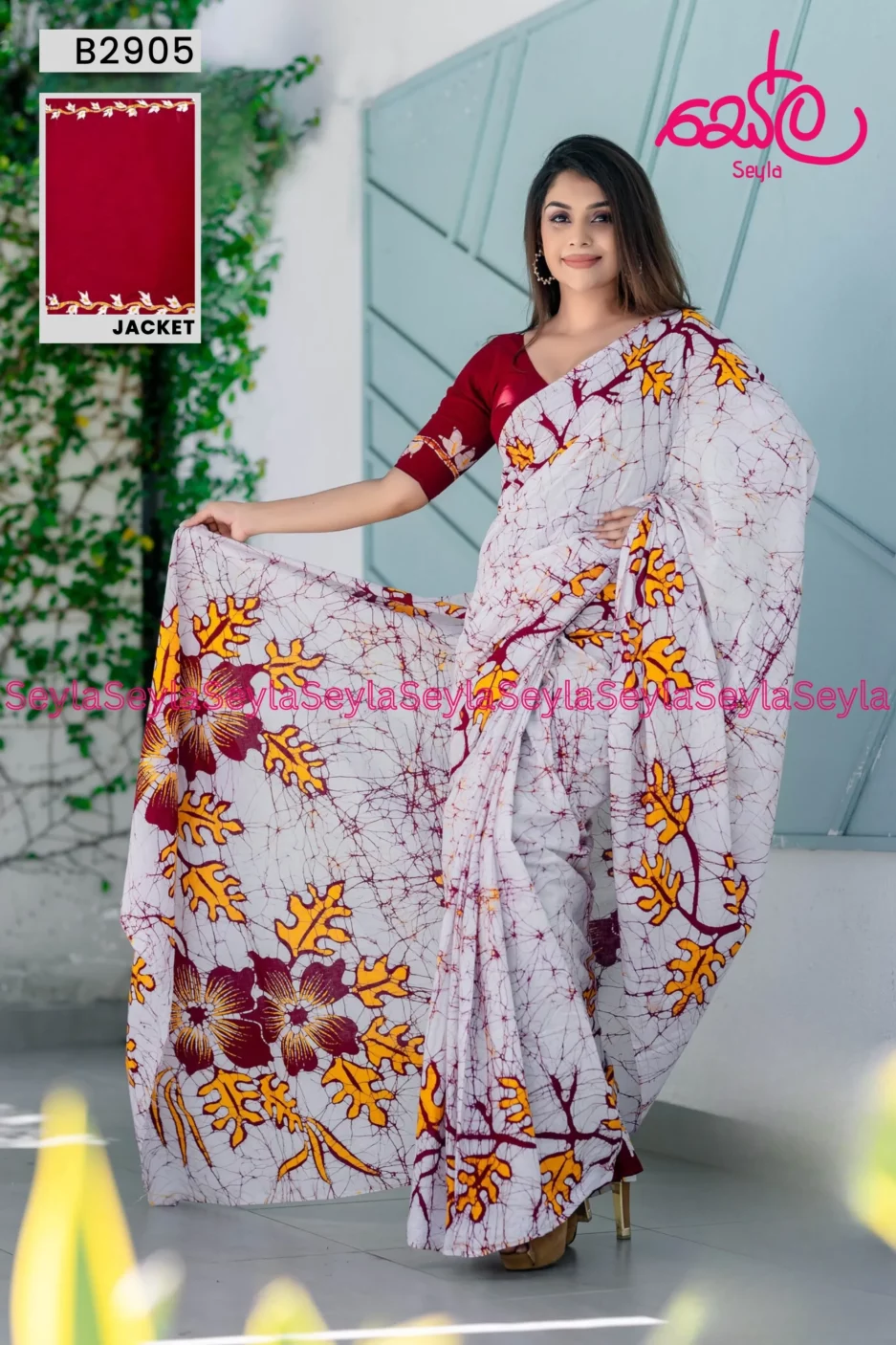 White And Red Colored Batik Saree B2905 - Seyla