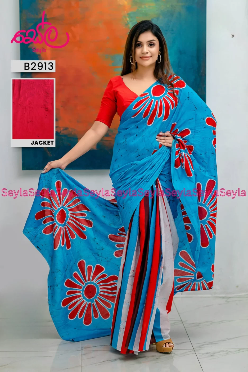 Red And Blue Colored Batik Saree B2913 - Seyla