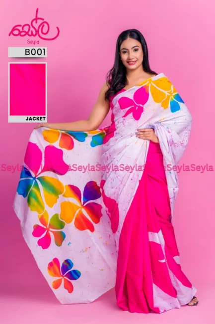 Pink and White colored batik Saree - B001