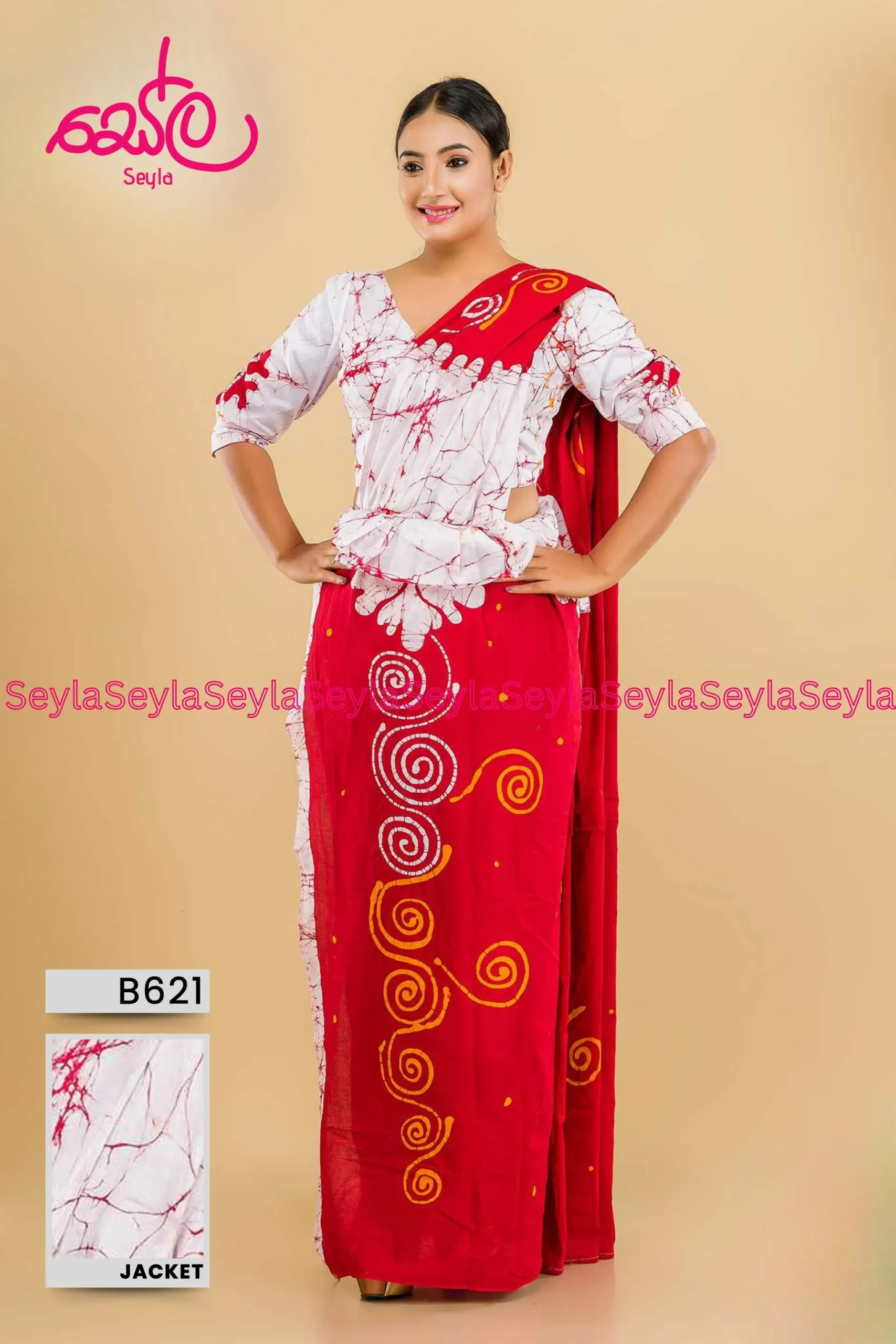 Red And White Colored Batik Saree B621 - Seyla