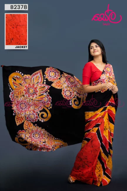 Orange and black colored Batik Saree B2378