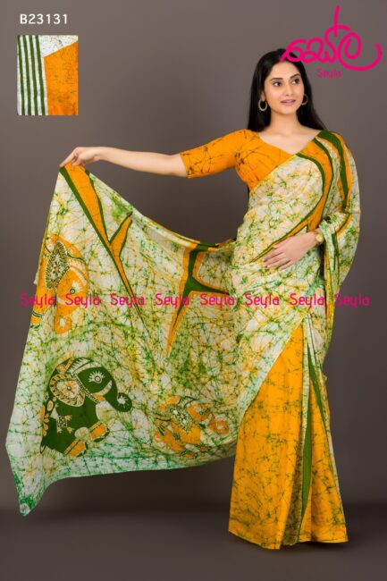 Yellow and Green Elephant Design Batik Saree B23131