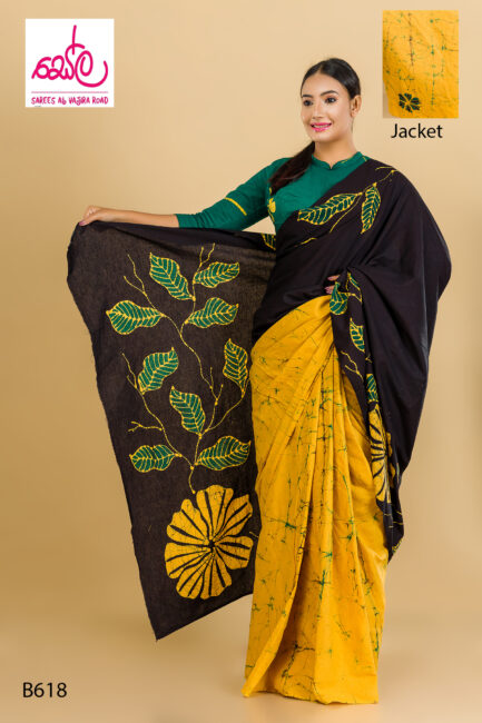 Black and green colored batik Saree B618