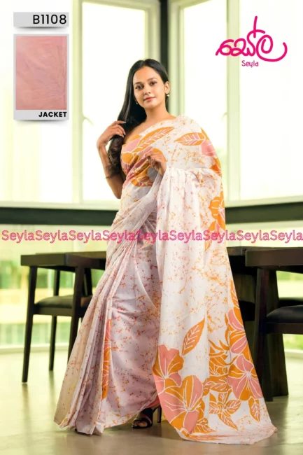 Peach & Dark Yellow Colored Batik Saree B1108