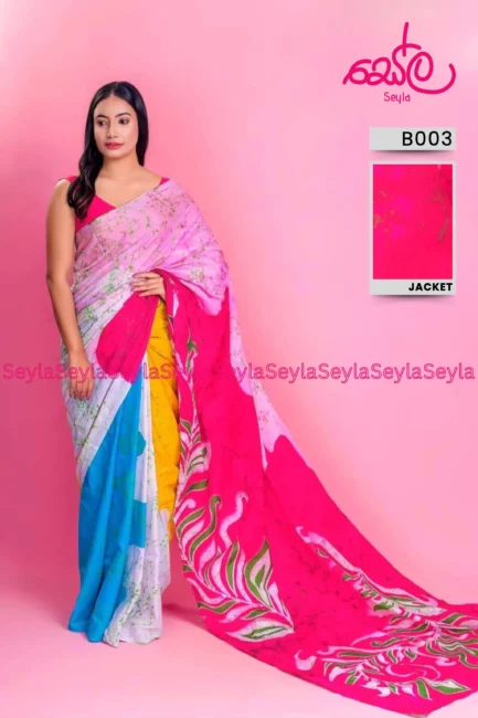 Pink and White colored Batik Saree B003