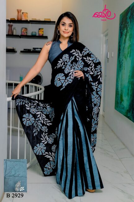 Black and Blue Grey  colored Batik Saree B2929