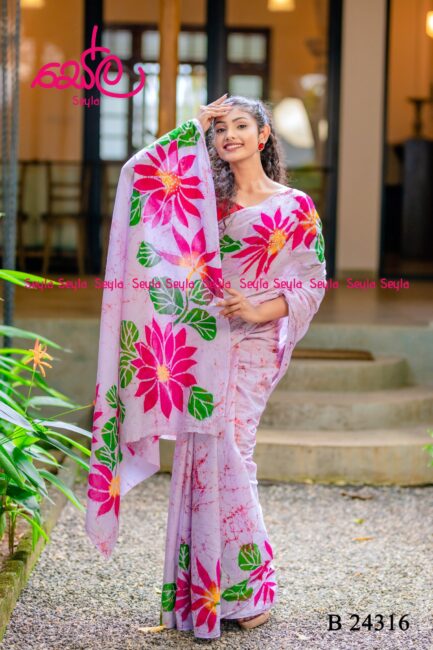 white and pink colored Batik Saree B24316