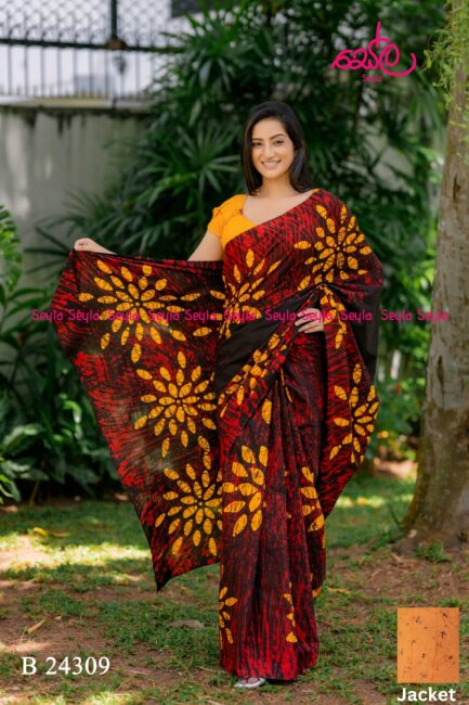 Red and black colored Batik Saree B24309