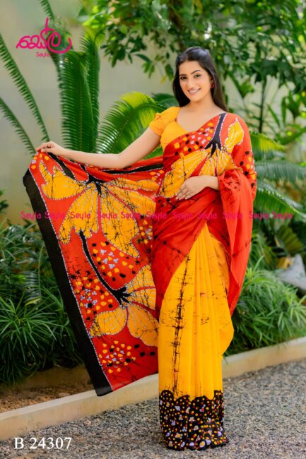 Red and Yellow Colored Batik Saree B24307