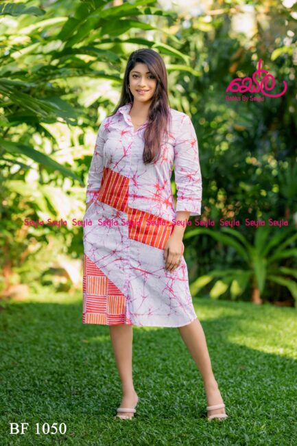 White and Orange Colored Batik Dress - BF1050