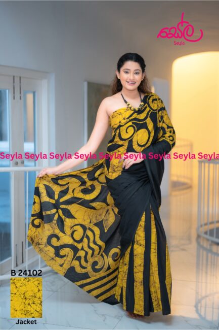Yellow and Black colored Batik Saree B24102