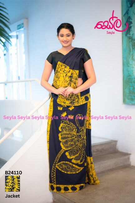 Yellow and Black colored Batik Saree B24110