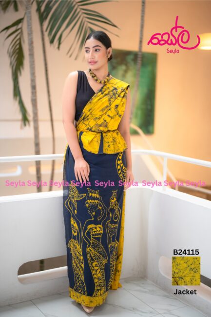 Yellow and Black colored Batik Saree B24115