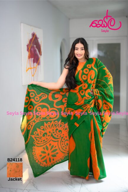 Green and Orange colored Batik Saree B24118