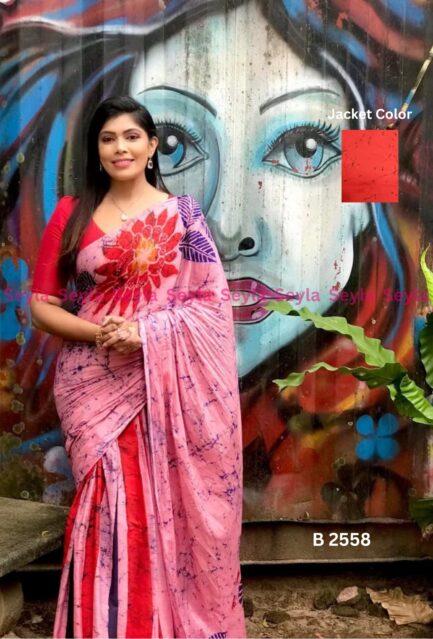 Pink and Red colored Batik Saree B2558