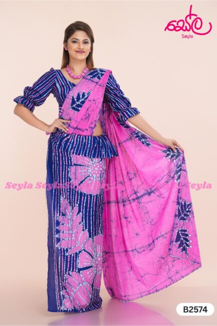 Pink and Blue colored Batik Saree B2574