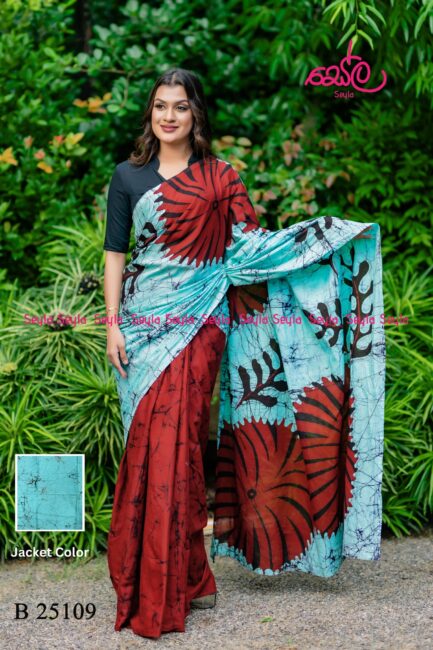 Red and light blue Handcrafted Batik Saree - B25109