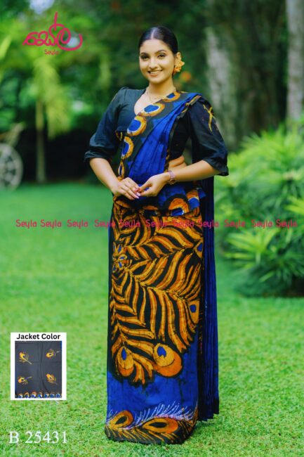 Blue and peacock feather design handcrafted batik saree B25431