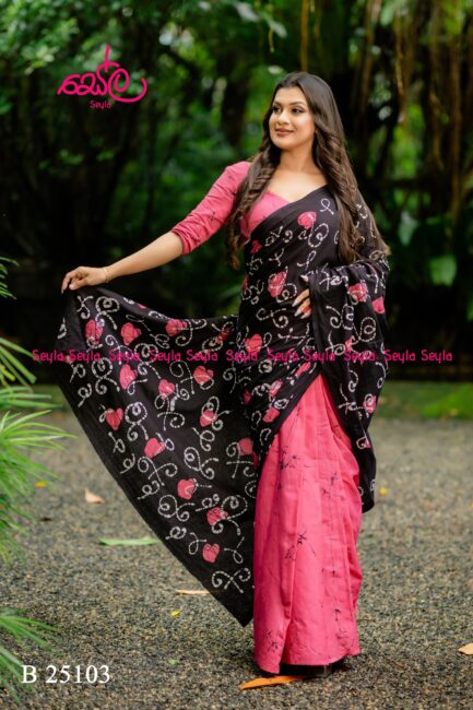 Pink and Black Handcrafted Batik Saree - B25103