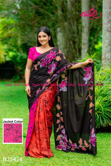 Black and Pink  colored handcrafted batik saree B25424