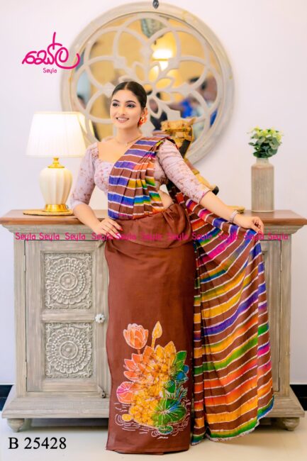 Brown and multi colored design batik saree B25428