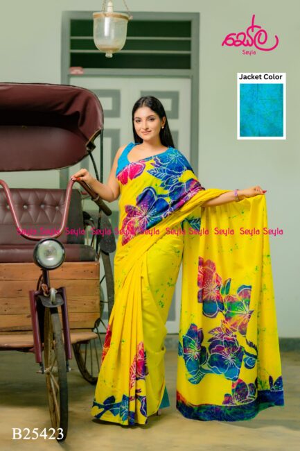 Yellow and Blue colored handcrafted batik saree B25423