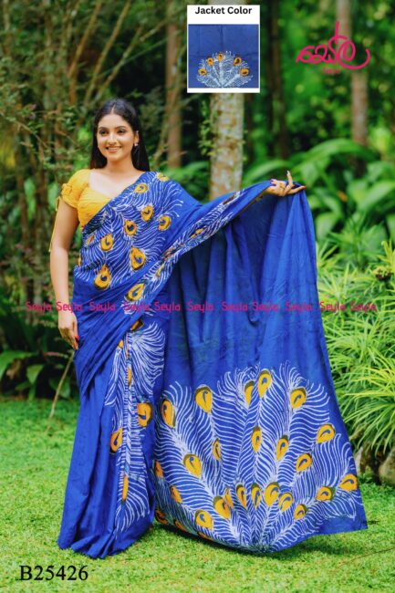 Blue and peacock design handcrafted batik saree B25426