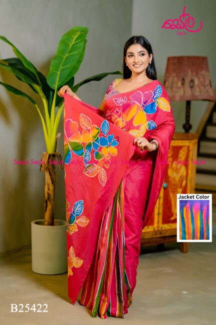 Pink and multi colored design batik saree B25422