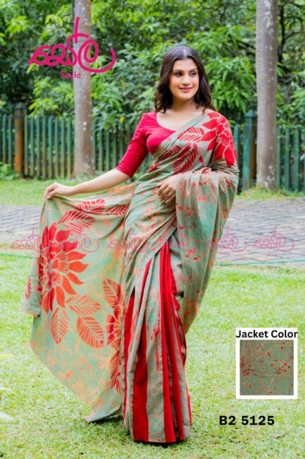 Red and light green Handcrafted Batik Saree -B25125