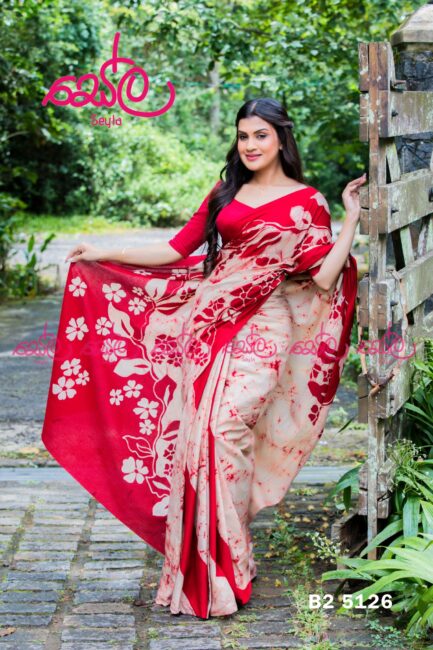 Red and light Cream Handcrafted Batik Saree -B25126