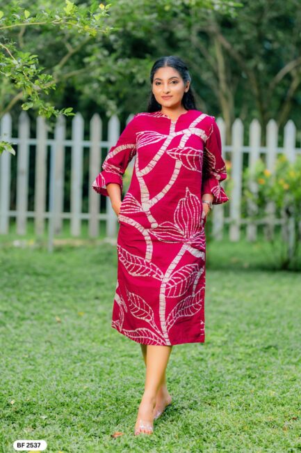 Dark Magenta Pink and White Colored Batik Dress - BF2537