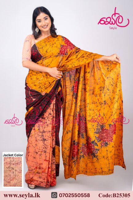 Mustard Yellow and Peach color Handcrafted Batik Saree - B 25305