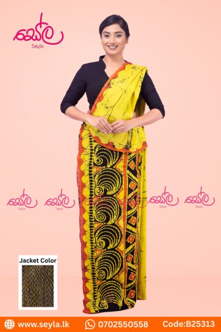 Yellow and Black colored batik saree B25313