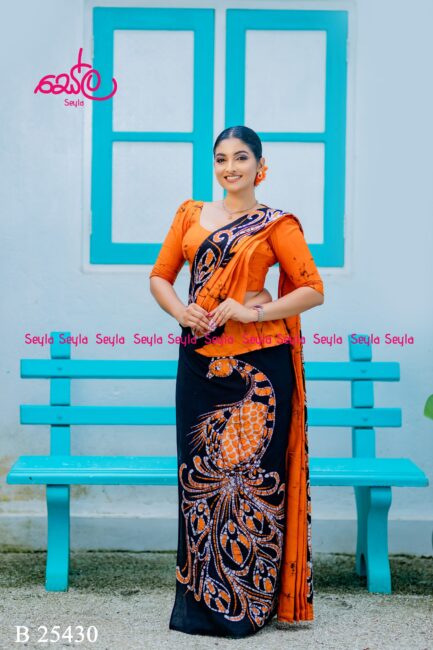 Orange and black Peacock Handcrafted Batik Saree - B25430