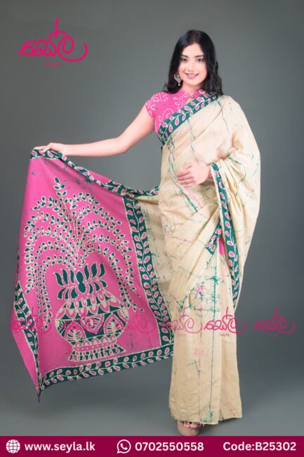 Pink and Cream Handcrafted Batik Saree - B25302
