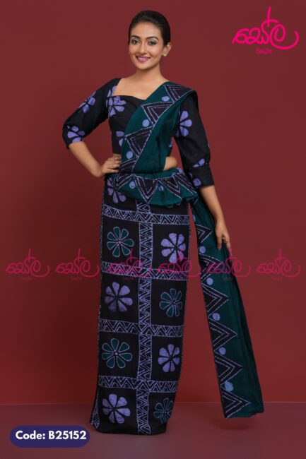 Black and Green Colored Handcrafted Batik Saree B25152