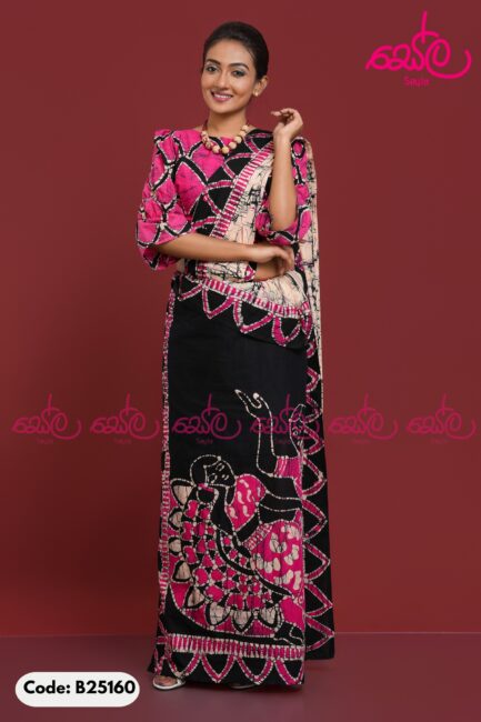 Pink and black colored handcrafted batik saree B25160