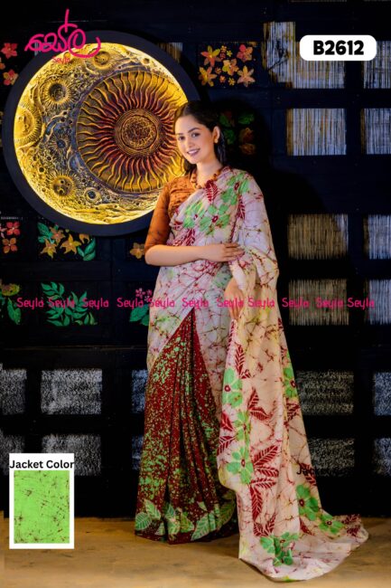 Green and Brown Colored hand crafted batik saree B2612