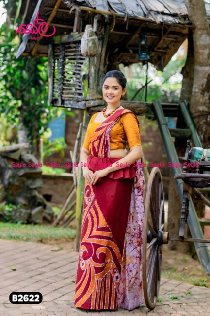 Marron and Golden Yellow Colored Batik Saree B2622