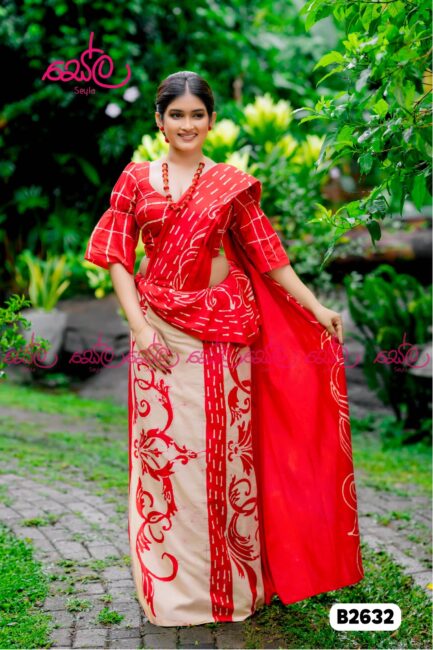 Red and Beige Colored Batik Saree B2632