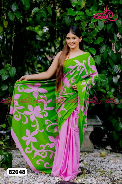 Pink and Light green Colored Batik Saree B2648
