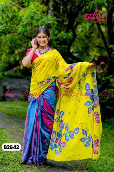 Yellow and purple Colored Batik Saree B2642