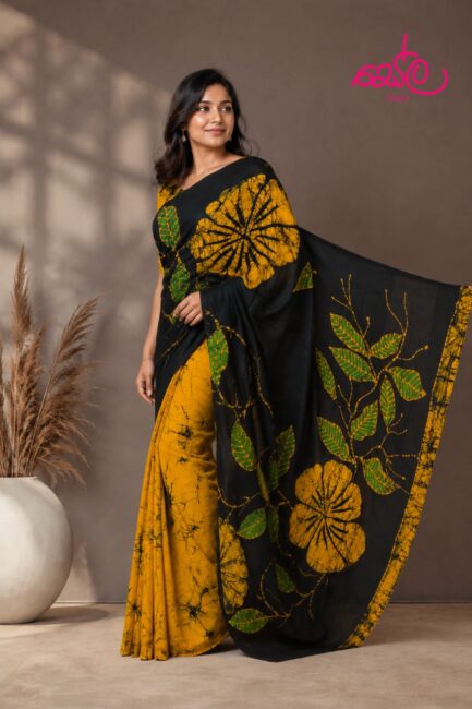 Yellow and Green Colored Cotton Batik Saree