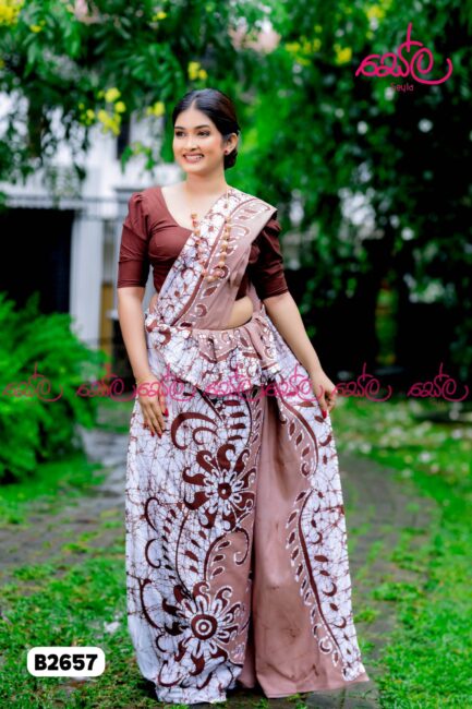 White and Brown Colored Cotton Batik Saree B2657