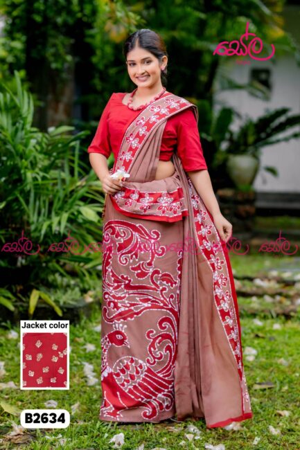 Beige and Red Colored Cotton Batik Saree B2634